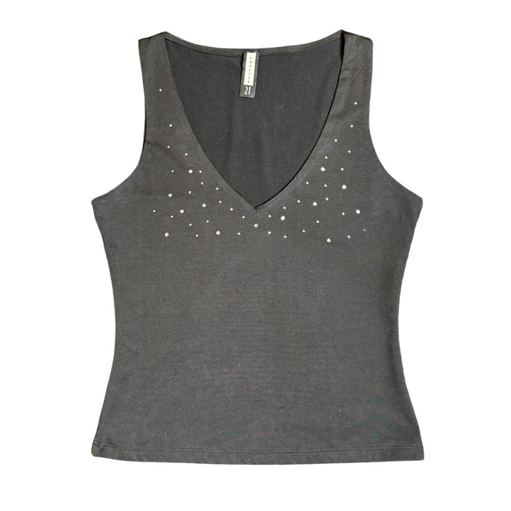 Y2K Forever 21 Black Rhinestone V Neckline Top Size Medium